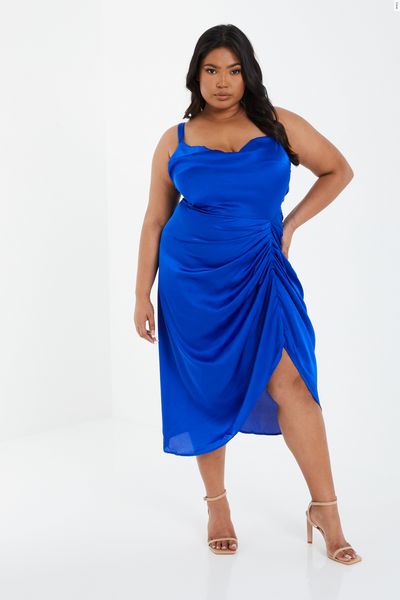 Curve Blue Satin Ruched Midi Dress